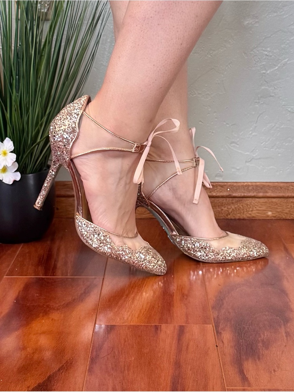 Betsey Johnson Stela Glitter Ankle Bow Tie Pumps in Silver and Rose Gold